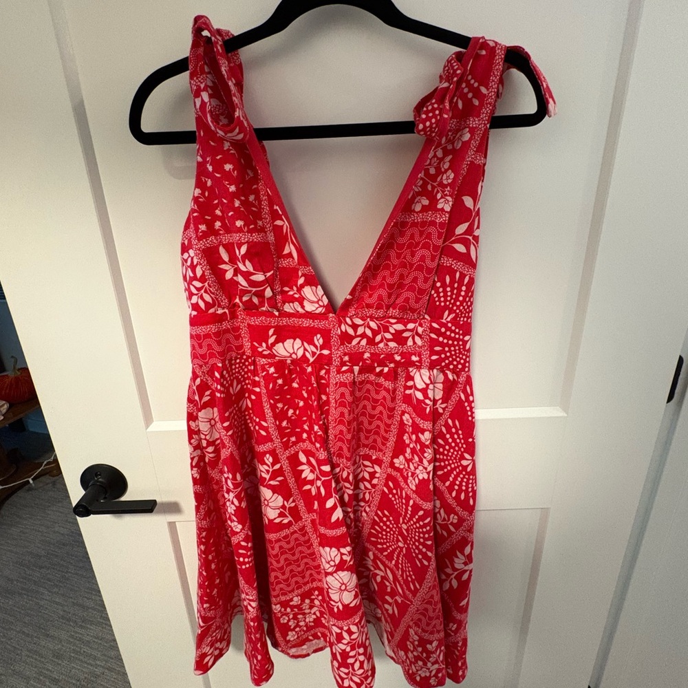 House of Harlow X Revolve NWT‎ Small Red Banana Tie Shoulder Mini Dress Linen